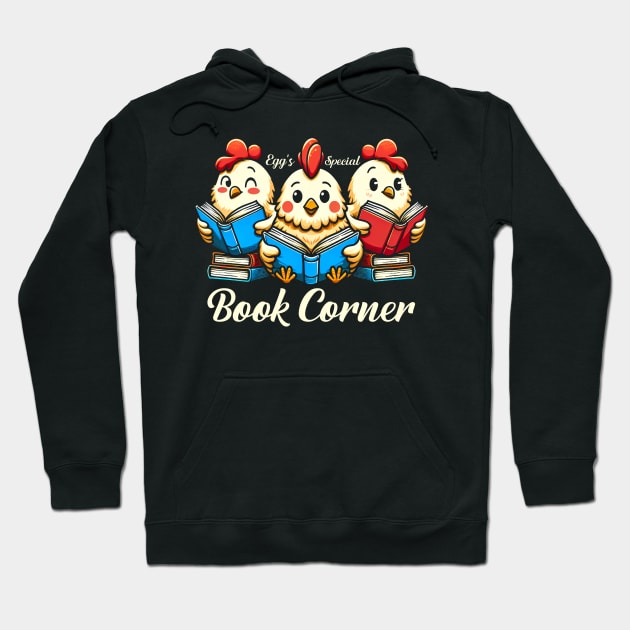 Egg's special book corner - simple library scene with chickens reading Hoodie by ArtbyJester